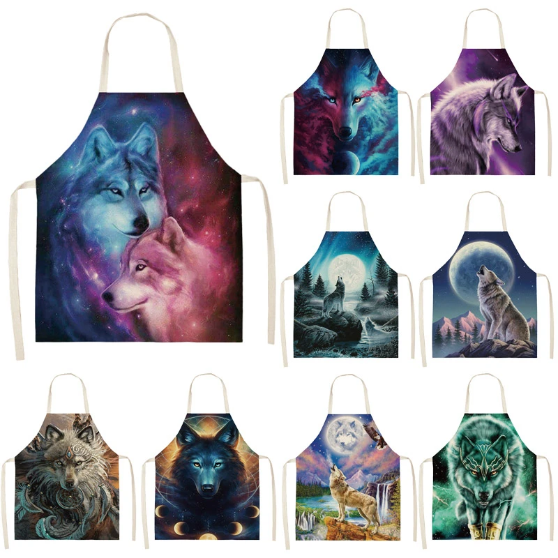 

1Pcs Wolf Night Pattern Cleaning Art Aprons Home Cooking Kitchen Apron Cook Wear Cotton Linen Adult Bibs 53*65cm WQ0177