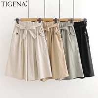 tigena elastic high waist shorts skirt women 2021 summer korean casual solid bow belt wide leg shorts female capris short pants