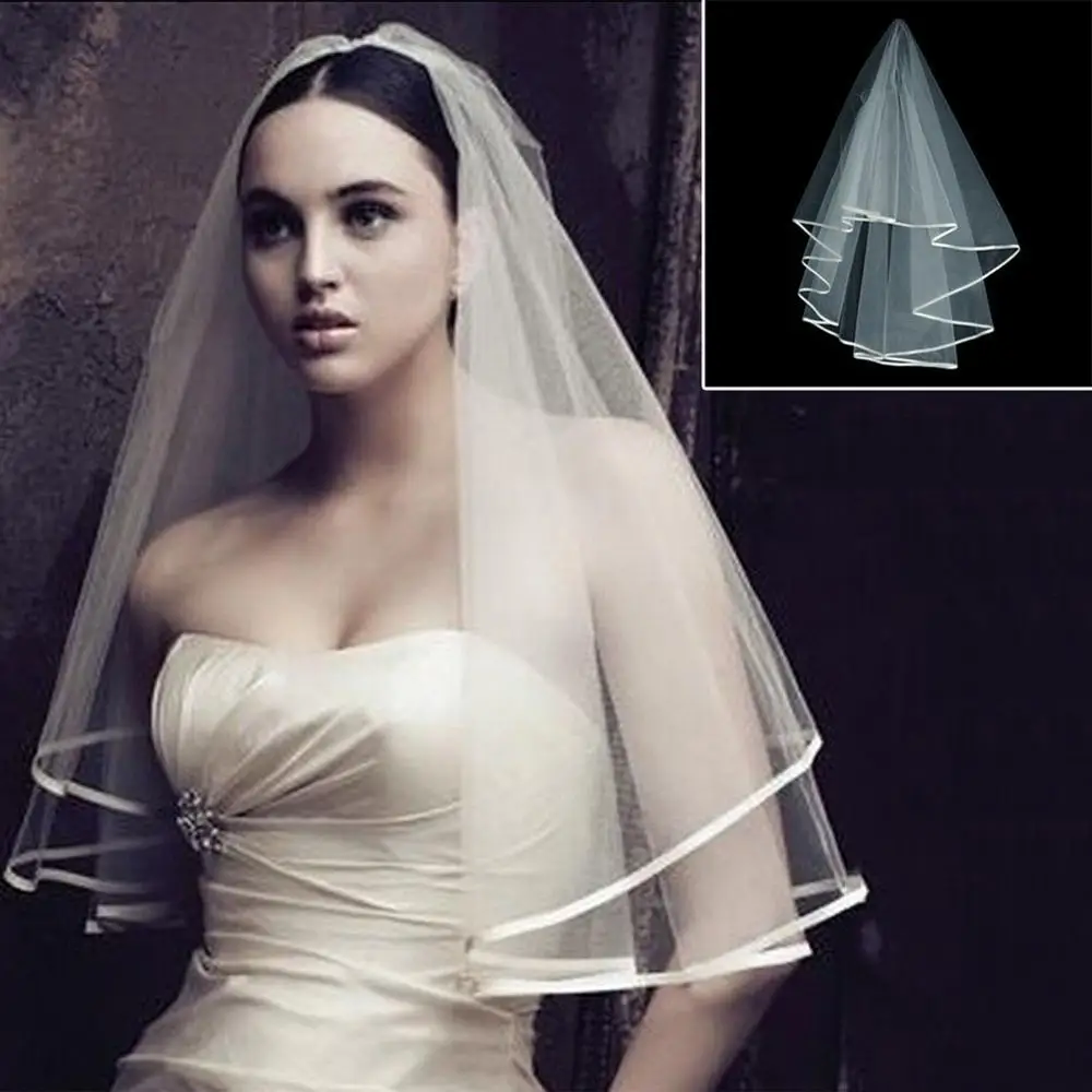 Simple and Elegent Wedding Veil Bridal Tulle Veils with Comb Lace Ribbon Edge White Ivory |