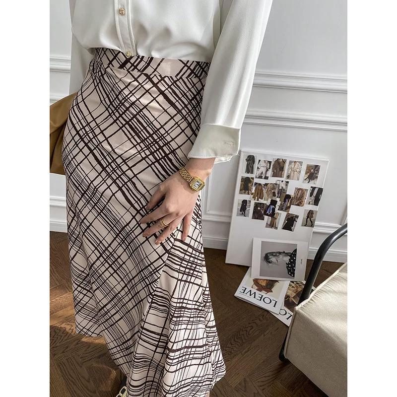 

Retro Fashion Grid Pattern Women Skirt Mid-Length Package Hip A-Line Female Skirt 2021 Spring Summer New Sexy Slim Women Skirt