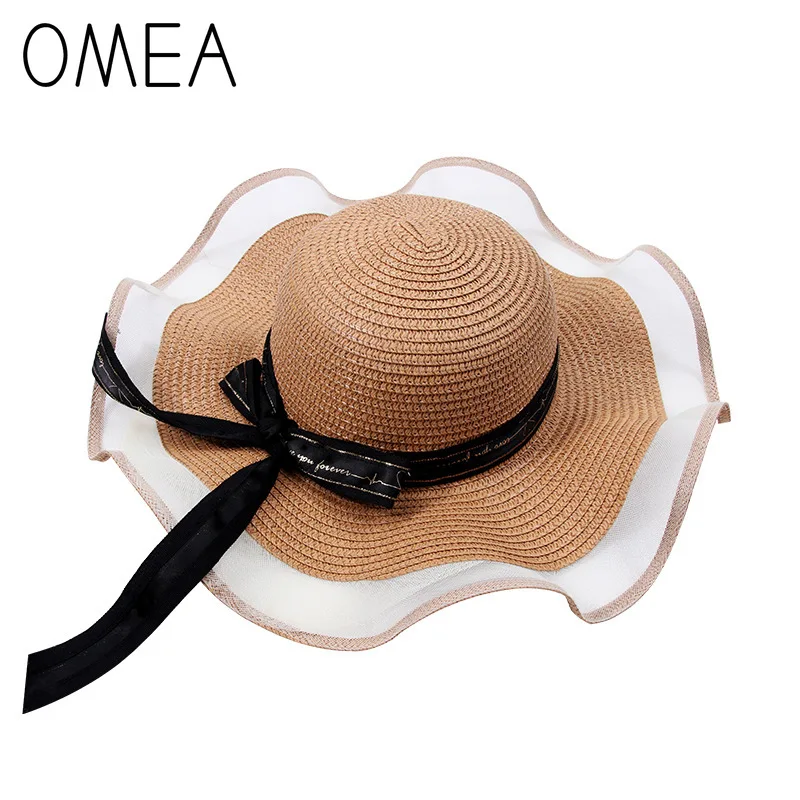 

OMEA Summer Straw Hat Korean Style Beach Hat Women Beautifu Wide Brim Hat Sun Protection Cap Bow Visors Hat Ladies Floppy Bucket