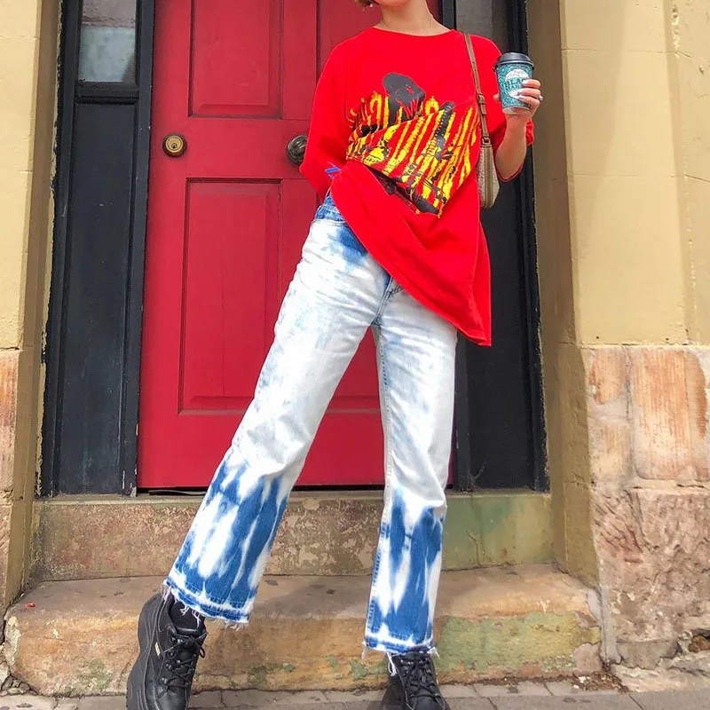 

Women's autumn tie-dye high-rise casual straight-leg jeans pants