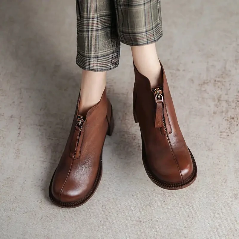 

Winter Women Leather Booties Mother Shoes Autumn Female British Style Front Zipper Mid Square Heels Ankle Boots botas mujer