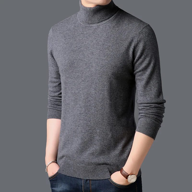 

100% Wool Pullovers Warm Turtleneck Mens Sweater High Quality Casual Pullovers Solid Sweater Men