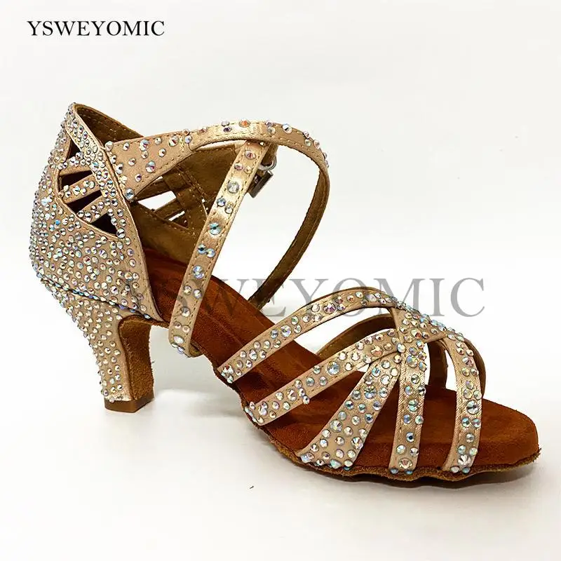 Women Training Latin Ballroom Shoes Customized Color Flesh Khaki Medium Low Heel 6cm Latin Salsa Dance Shoes For Practise