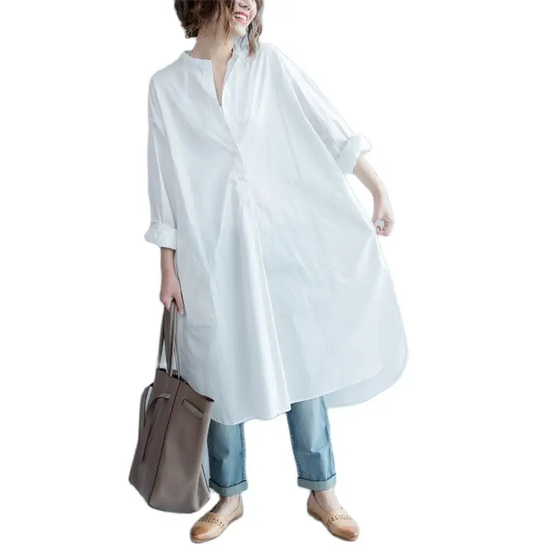 

ARCSINX Long Shirt Dress Women Plus Size 4XL 5XL 6XL Mori Girl White Women's Dresses Spring Cotton Korean Women's Dress 3XL XXL