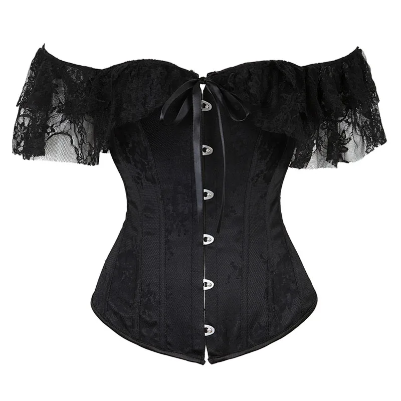 

Women's Sexy Steampunk Corset Tops Victorian Gothic Off Shoulder Black Floral Lace Overbust Corsets and Bustiers Waist Cincher