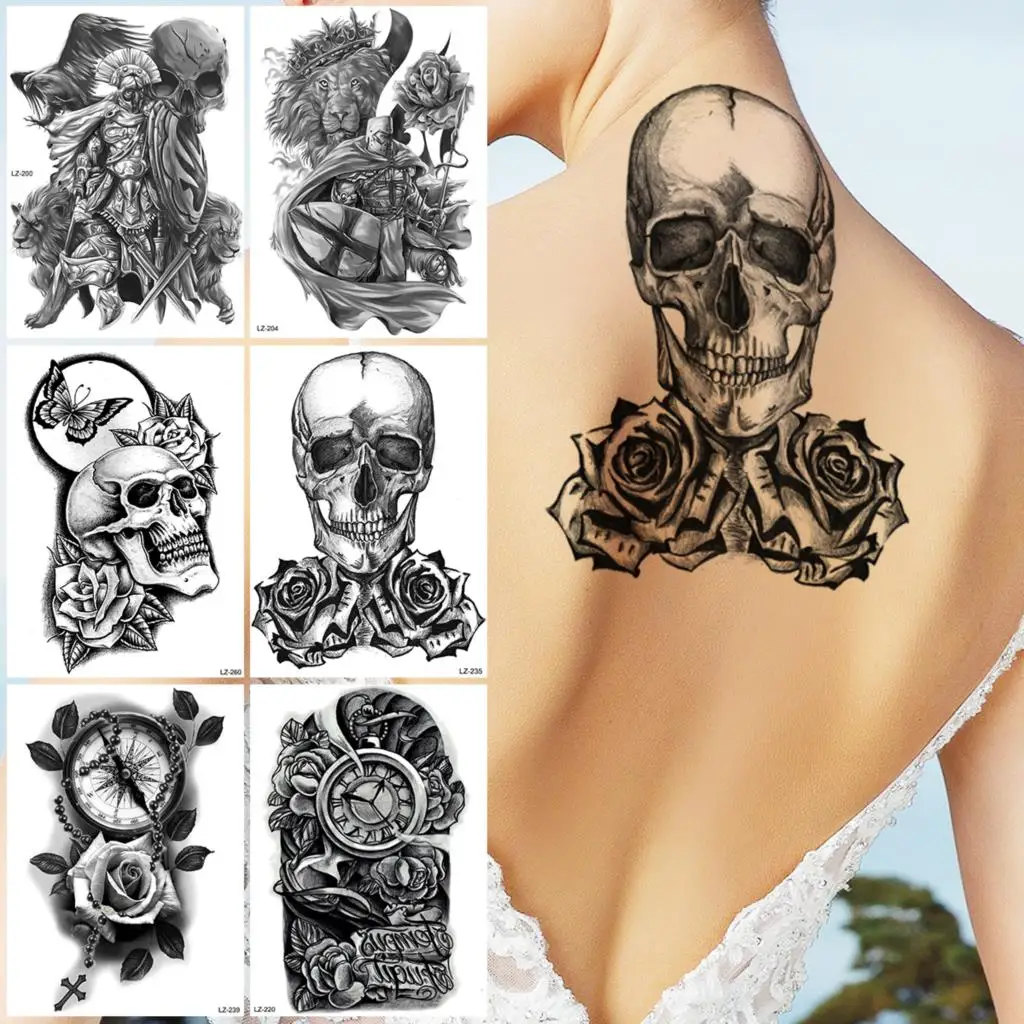 

Временные татуировки для женщин и мужчин, Череп, роза, скелет, цветок, Реалистичная тату-наклейка в виде льва, компаса, рыцаря, искусственная ...