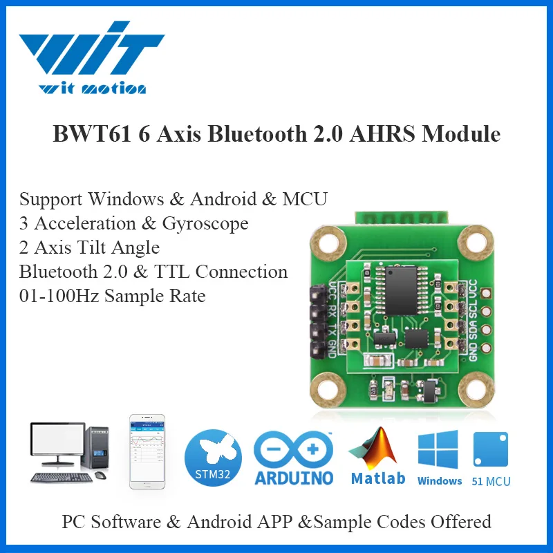 

6-осевой датчик угла наклона WitMotion Bluetooth 2,0 BWT61, Цифровой Инклинометр + ускорение + гироскоп MPU6050 на ПК/Android/MCU