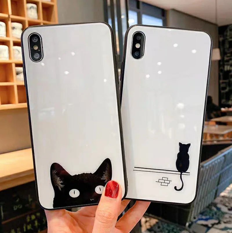 Чехол из закаленного стекла с милым мультяшным котом для iphone 11 Лот pro max xr xs X 7 8 6s 6 plus, силиконовый защитный чехол для влюбленных