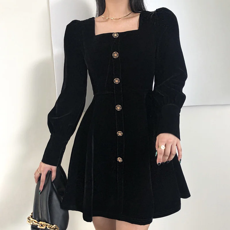 

Женское бархатное платье, черное, фиолетовое винтажное платье мини на пуговицах с квадратным вырезом и пышными рукавами вечерние, Осень-зим...