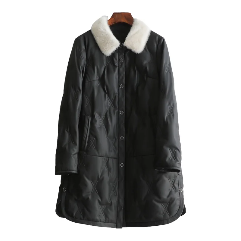 

Lady Genuine Sheepskin Leather Suede Coat Down Lining Mink Fur Collar Autumn Winter Women Jacket Suit Plus Size LF21112KQN