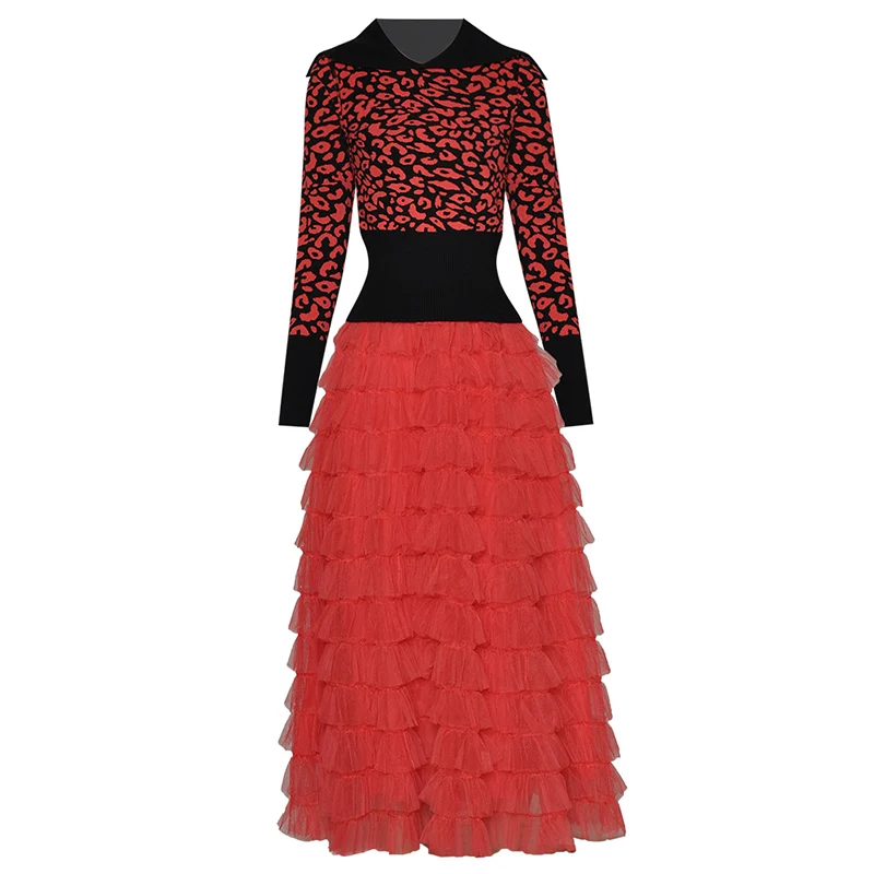 

Женский комплект из двух предметов, эластичный трикотажный топ с длинным рукавом и сетчатая юбка с оборками и поясом на резинке, Осень-зима