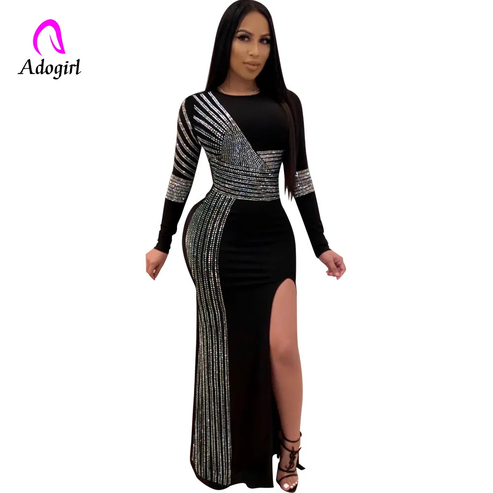 

Черный Бриллиант вечернее вечерние платье Сексуальное ГОРЯЧЕЕ бурение с длинным рукавом Высокий разрез облегающее женское платье Клубные ...