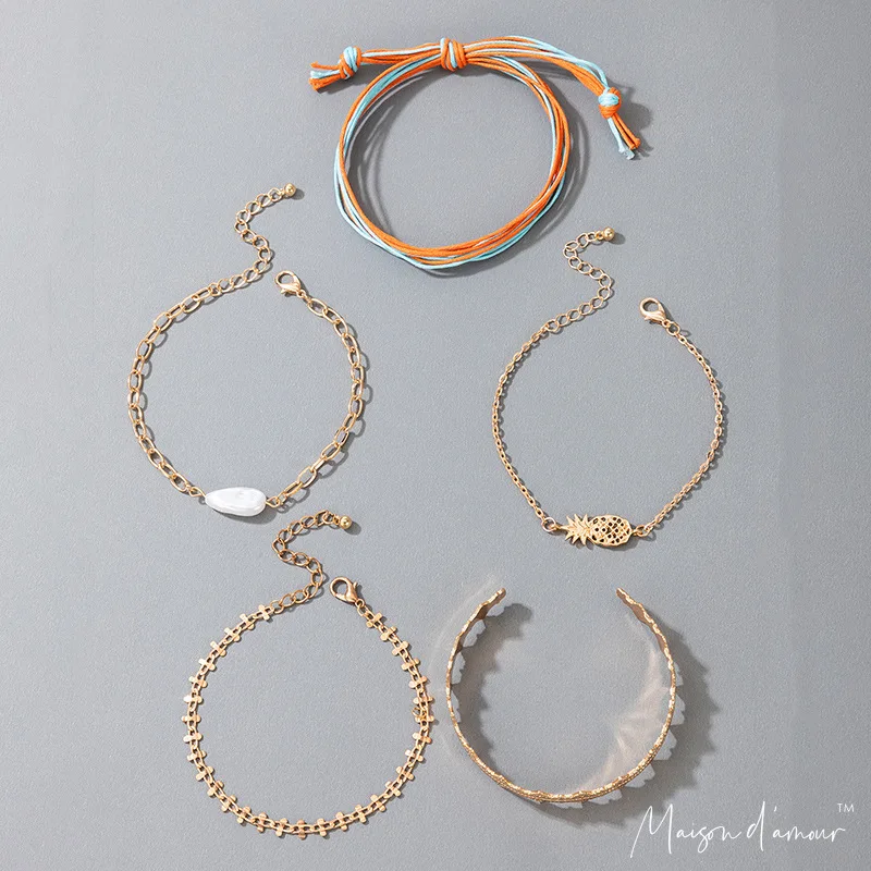 

Wholesale New Design 5 pc Set Bohemia Hippie Style Gold Plating Chains Bangle Cords Bracelet Set Beach Accessories