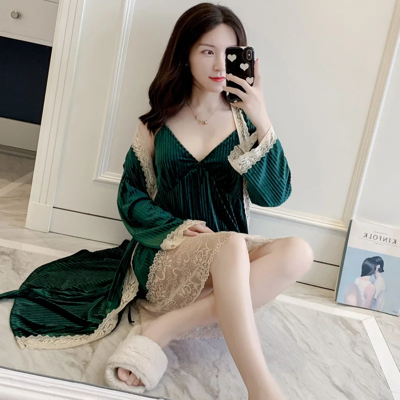 MECHCITIZ женский сексуальный халат ночная сорочка комплект осень зима бархатный