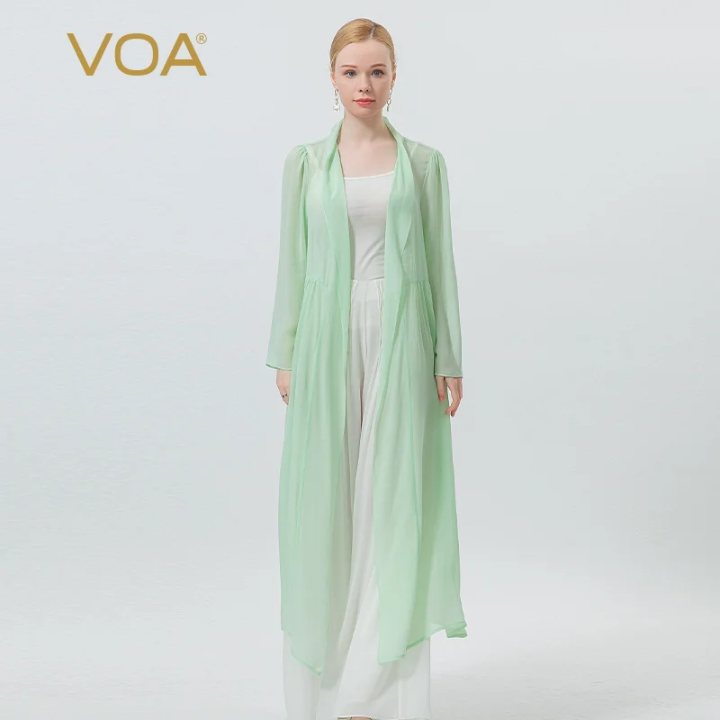 

VOA Silk Georgette Bean Green Long Sleeve Light and Micro-transparent Mid-long Cardigan Women Fashion Trench Coat FE132