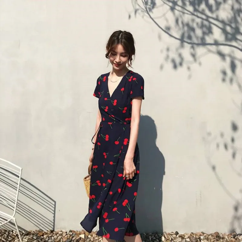 

Женские летние платья с коротким рукавом и V-образным вырезом, новое универсальное повседневное элегантное платье в Корейском стиле Харадз...