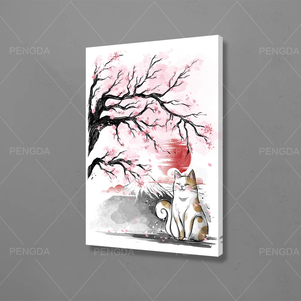Модульная Картина на холсте с изображением кошки сакуры дерева пейзажа для