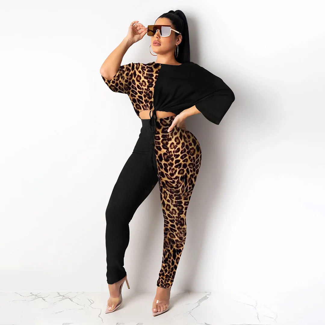 

New Women Sexy Leopard Patchwork Middle Sleeve Pullover Top and Pants Set 2 Pieces Fashion Bodycon Outfits for Party Casual Wear
