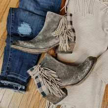 New Retro Women Ankle Boots Tassel Side Checked Back Zipper Chunky Heel All Season Ladies Shoes Round Toe Low Heel Female Boots