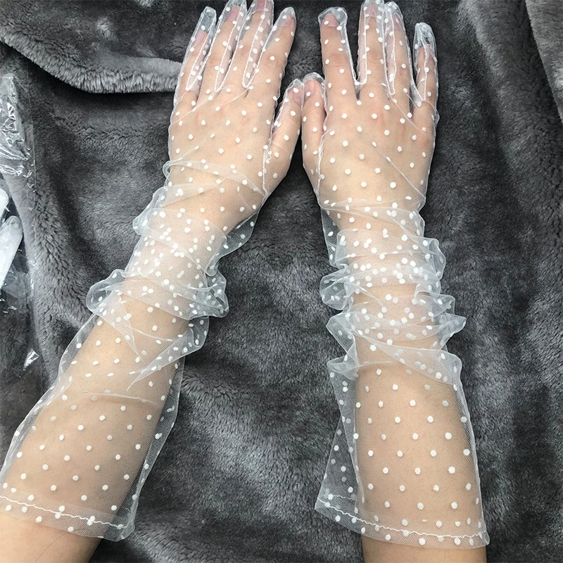 

Fashion Dot Lace Long Gloves Female Elegant Stretch Tulle Mesh Semi Sheer Women Full Finger Mittens Bride Wedding Black Golves