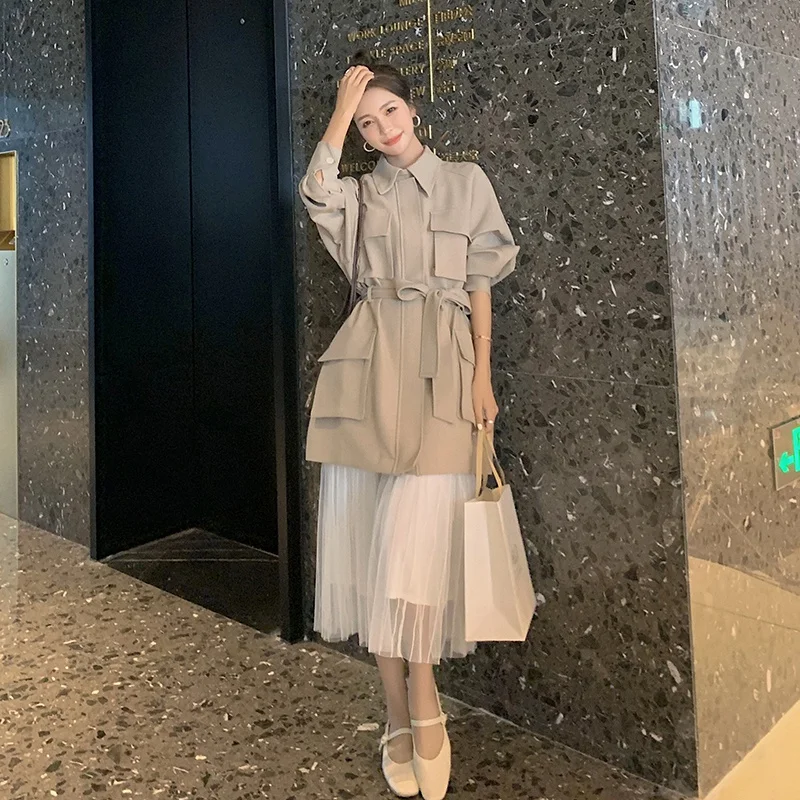

Short Windbreaker Female Fashion Waist Tooling Square Collar Trench Women Coat Spring Autumn Casual High Quality Trench Coat F1
