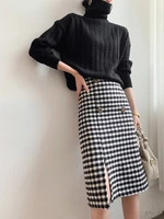 womens high waist houndstooth woolen skirt korean style side split a line plaid skirt feme