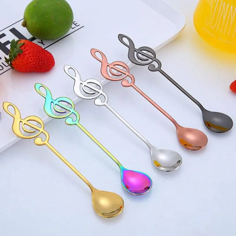 5 Pcs Stainless Steel Spoon Coffee Note Shape Music Theme Tea Stirring Small Ice Cream Dessert Scoop Creative Flatware | Дом и сад