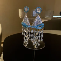 fyuan long tassel water drop crystal earrings exquisite blue hat rhinestone dangle earrings for womenfashion jewelry gifts