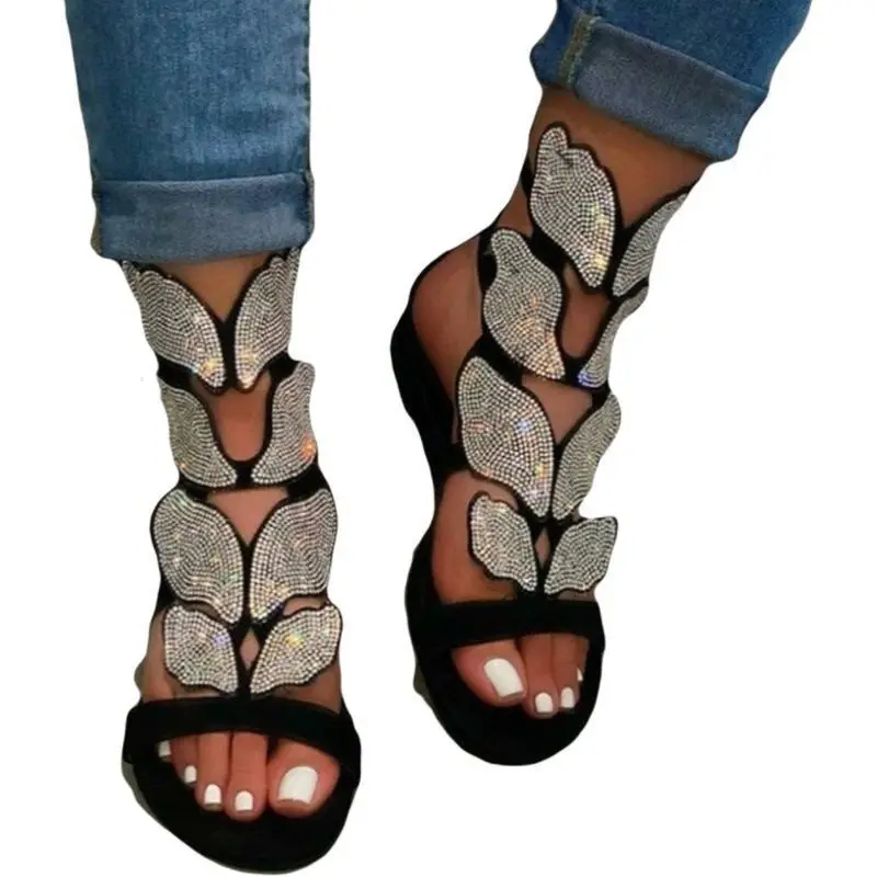 

bow hollow flat bottom open toe 2020 summer water diamond big 43 women's ROMAN SANDALS