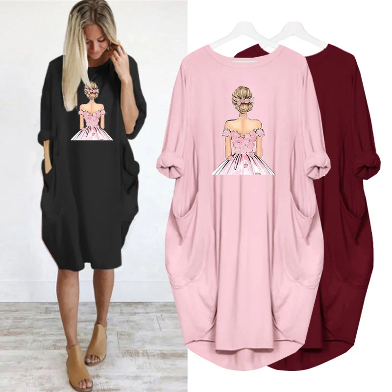 

Plus Size Dress For Women Long Sleeve Wedding Princess Sweet Girl Print Pocket Casual Party Kawaii Dresses Sukienka