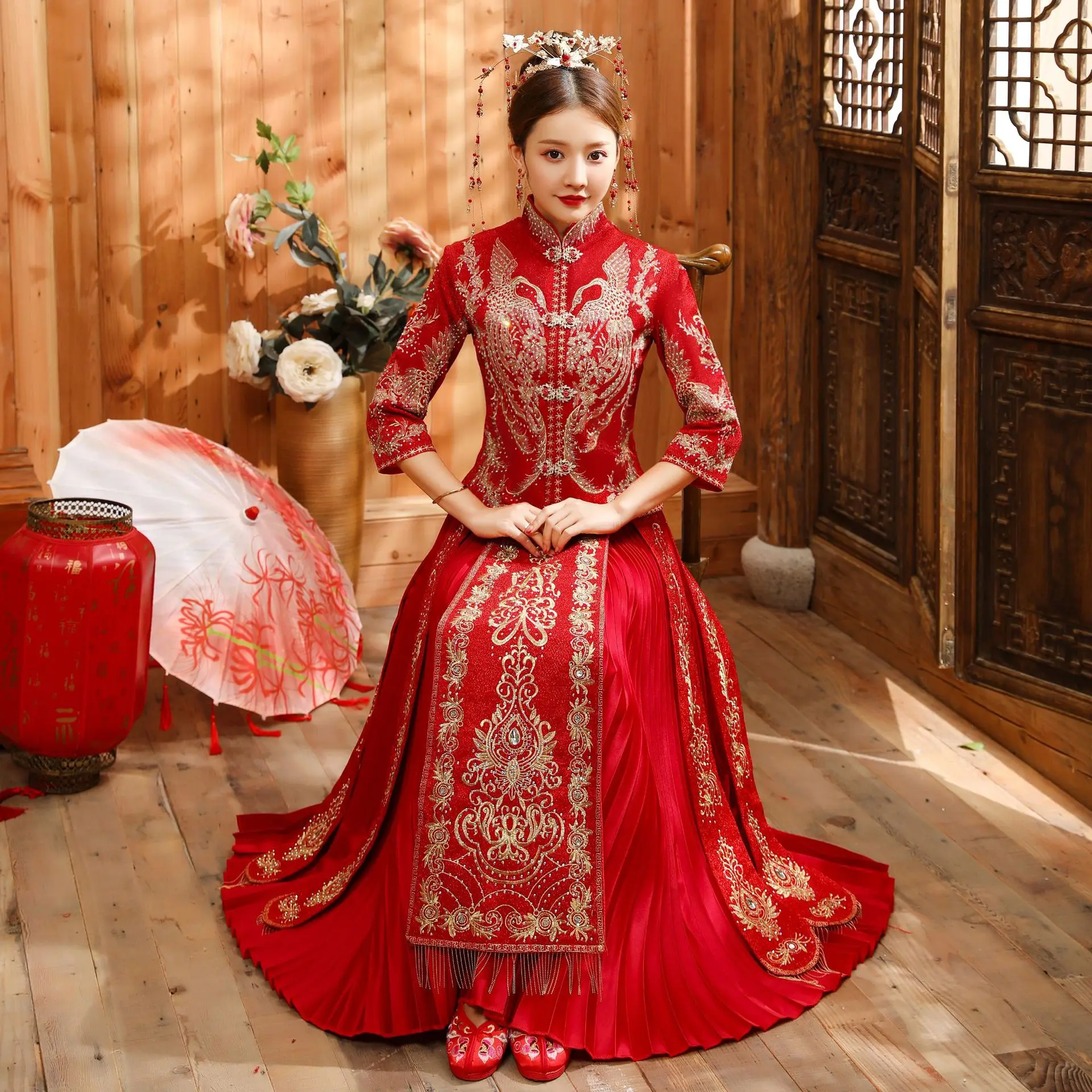 

FZSLCYIYI Вышивка Стиль официальное свадебное платье Королевский феникс свадебный Чонсам для невесты винтажный Китайский Традиционный Тан кос...