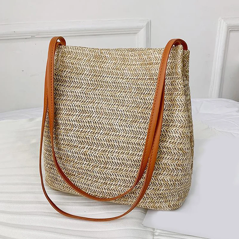

Popular Large Basket Handbag Straw Weave Women Straw Woven Bag 100% Natural Shoulder Bags Casual Tote Fashion