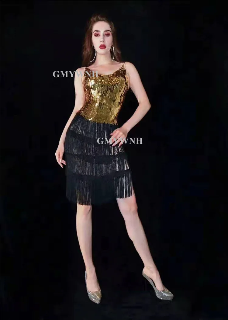 Костюм для бальных танцев A31 платье с кисточками певицы золотистая юбка