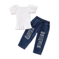 opperiaya baby girls t shirt and trousers cotton summer suit fashion solid color puff sleeve tops and pocket ripped denim pants