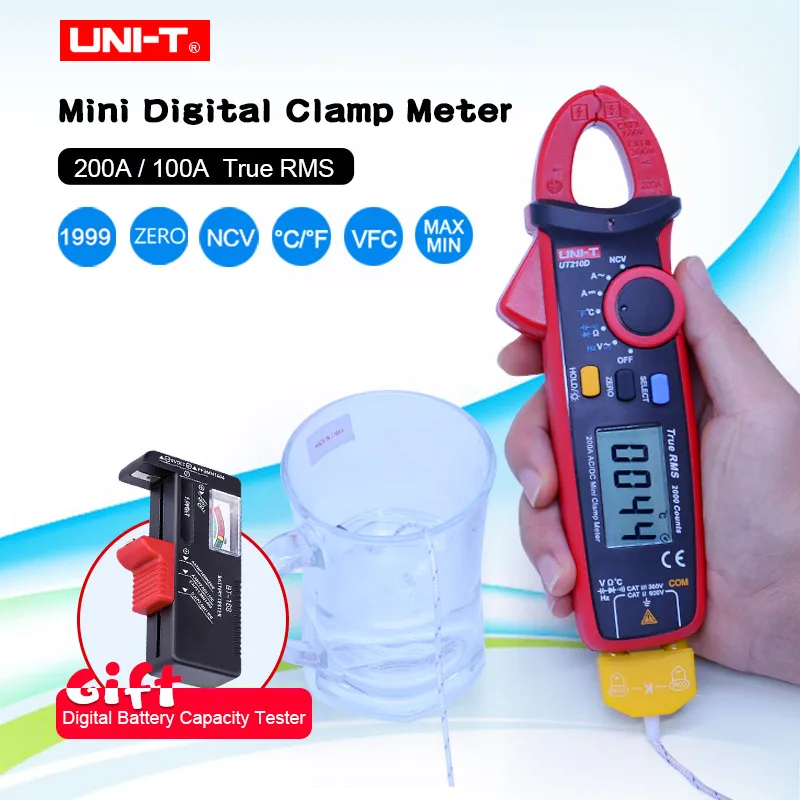

With battery tester UNI-T UT210E UT210D UT210C Mini Digital Clamp Meters AC/DC Current Voltage True RMS Multimeter Auto Range
