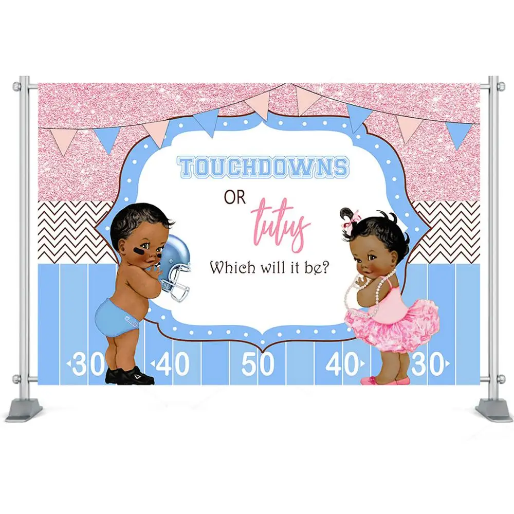 Mocsicka Touchdowns or Tutus Gender Reveal Backdrop Blue Pink Boy Girl Photography Background Baby Shower Party Banner
