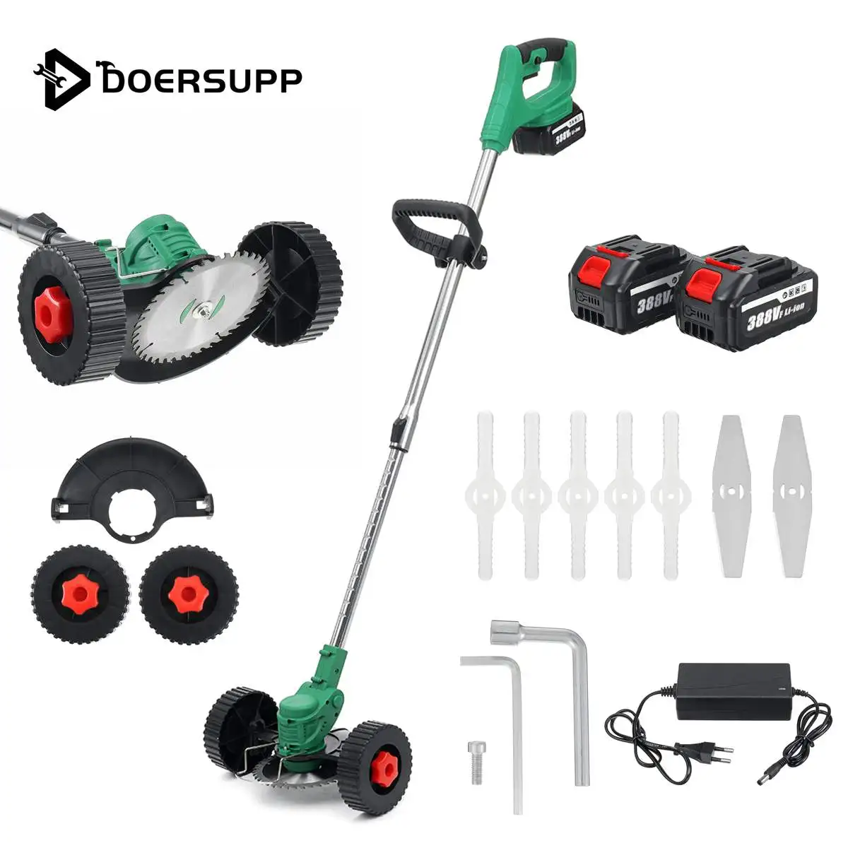 15000mAh Cordless Electric Grass Trimmer Double Wheel Adjustable  Lawn Mower Garden Pruning Cutter Tool + 2PCS Makita Battery