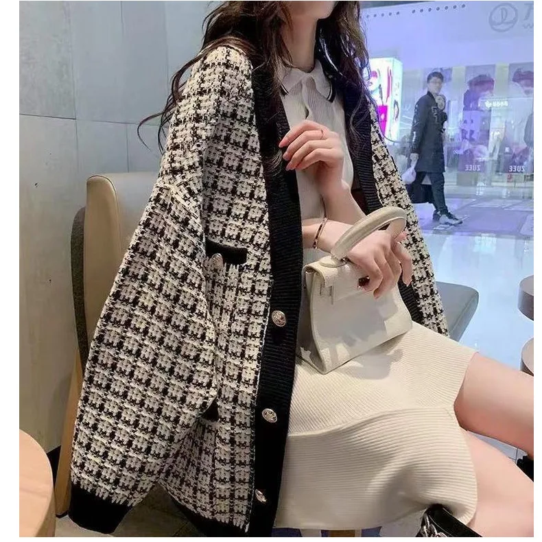 

Women Sweater Jacket Oversized Knitted Cardigans Loose Plaid Jumpers Korean Clothing Robe Long Coat