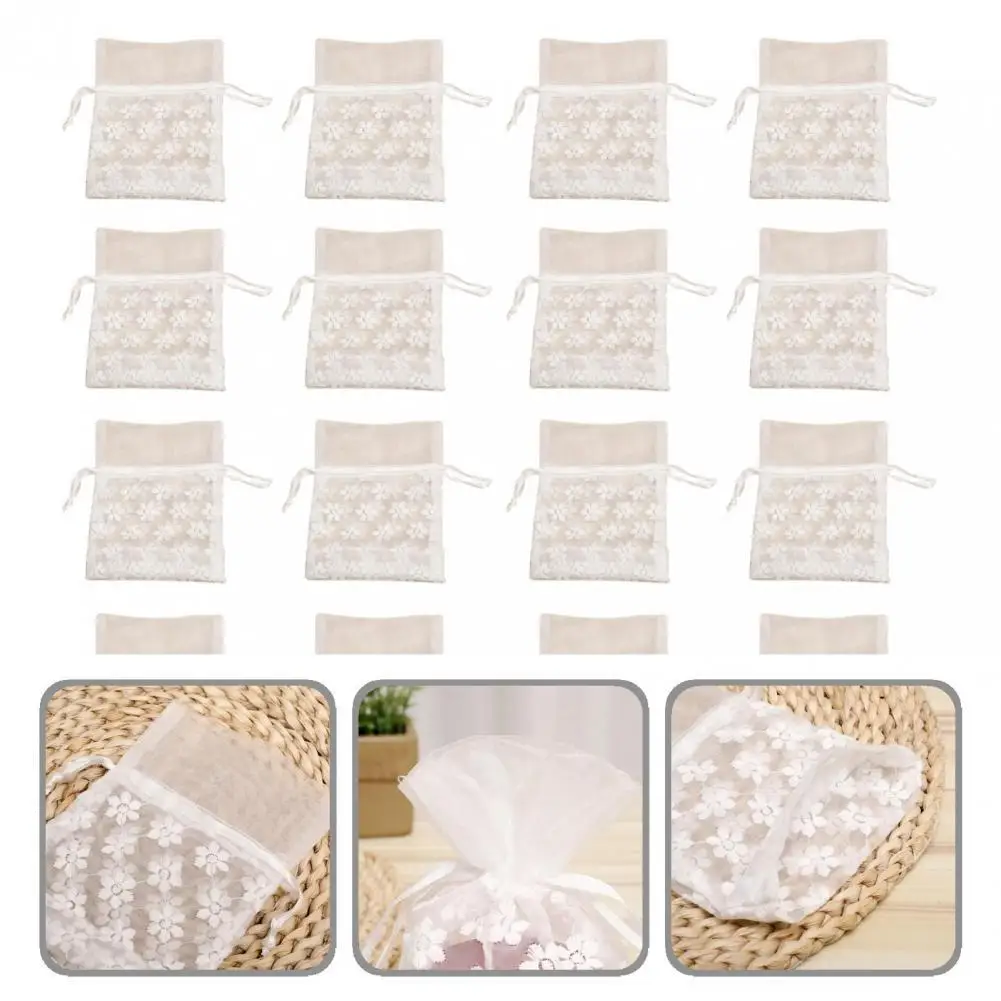 

White 20Pcs Premium Flower Decor Organza Gift Bag with Drawstring Long-lasting Gift Pouch Wide Application for Party