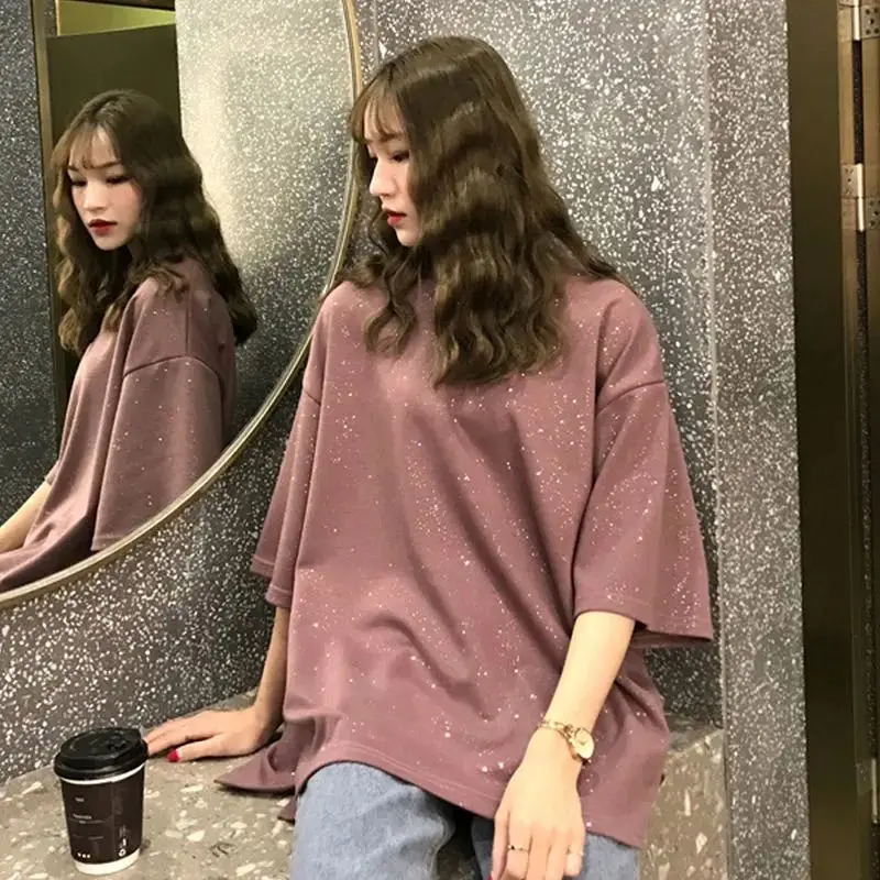 

2020 spring and summer new women's bottoming shirt loose shiny short-sleeved cotton t-shirt women's clothing
