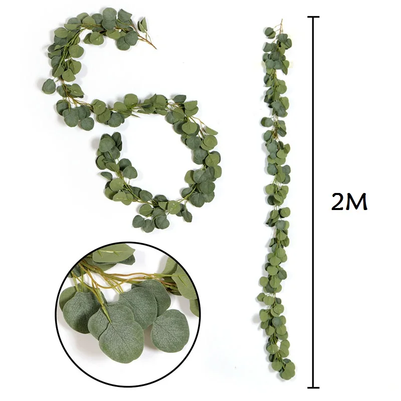 

2M Artificial Green Eucalyptus Garland Leaves Vine Fake Vines Rattan Artificial Plants Ivy Wreath Wall Decor Wedding Decoration