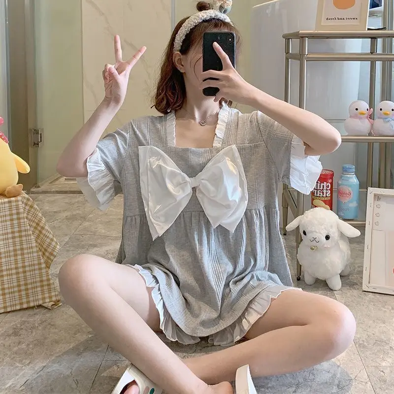 Spring and Summer New Combed Cotton Sweet Pajamas Girls Boudoir Net Red Short-sleeved Bow Ice Silk Loose Can Wear OutsidePajamas