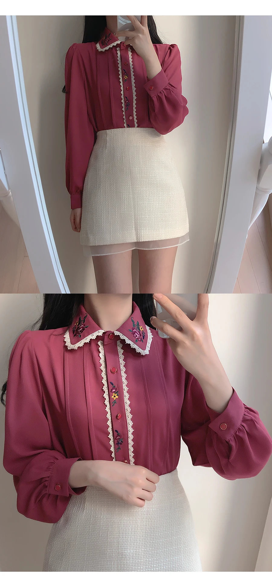 

Women's blouse The New Fashion top Casual shirts Chiffon polo shirt Long sleeve blouses Splicing embroidery Pleated Bow 10020