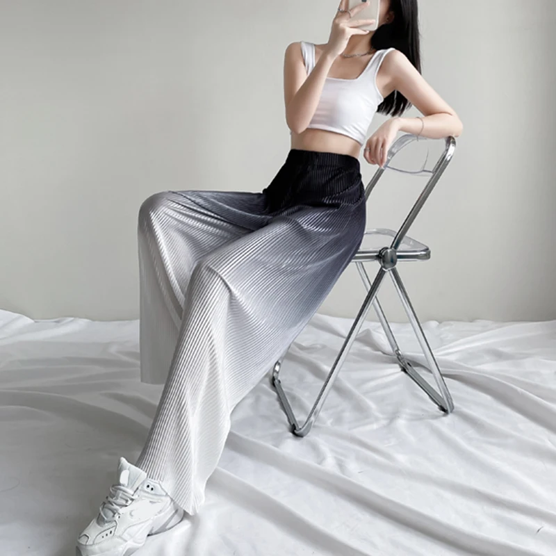 

Lucyever New Fahion Gradient Long Ice Silk Pants Women Summer High Waist Full-lenth Loose Pants Woman 2021 Wide-leg Trousers