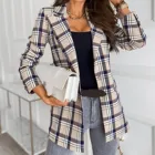 Женский офисный блейзер в клетку, осенне-зимний Однобортный блейзер с отложным воротником и длинным рукавом, 2021