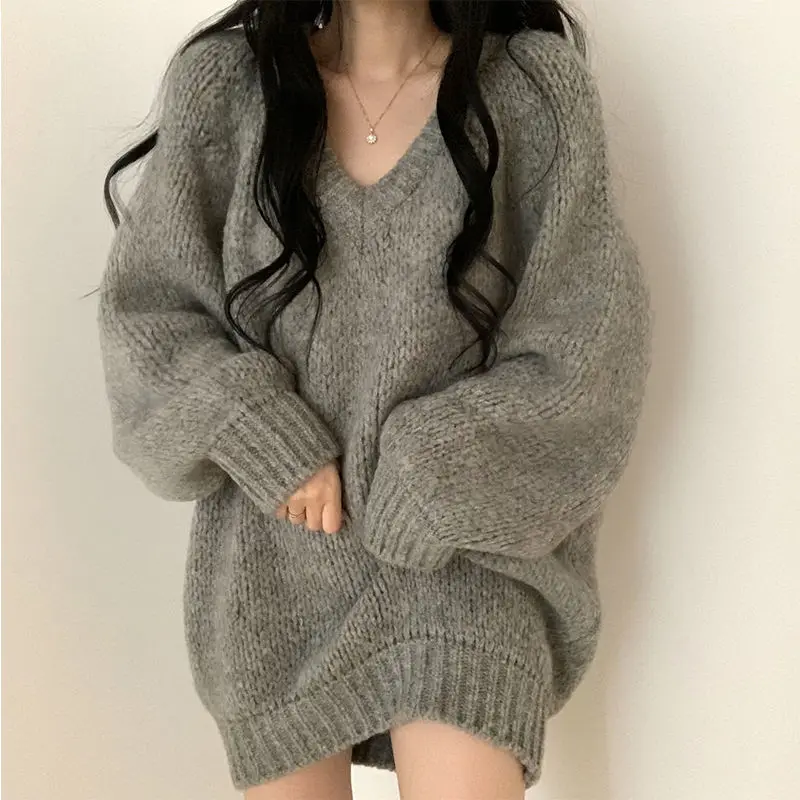 

Lazy style V-neck sweater female Y2K student Korean version was thin and versatile mid-length knit sweater top 2021 Solid