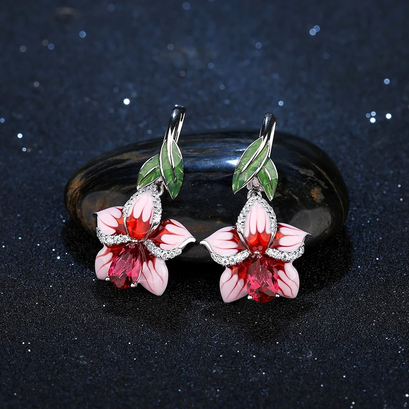 Luxurious Pink Blooming Lily Flowers Enamel Jewelry Sets For Women Elegant Red Crystal CZ 925 Sterling Silver Earrings Necklace | Украшения
