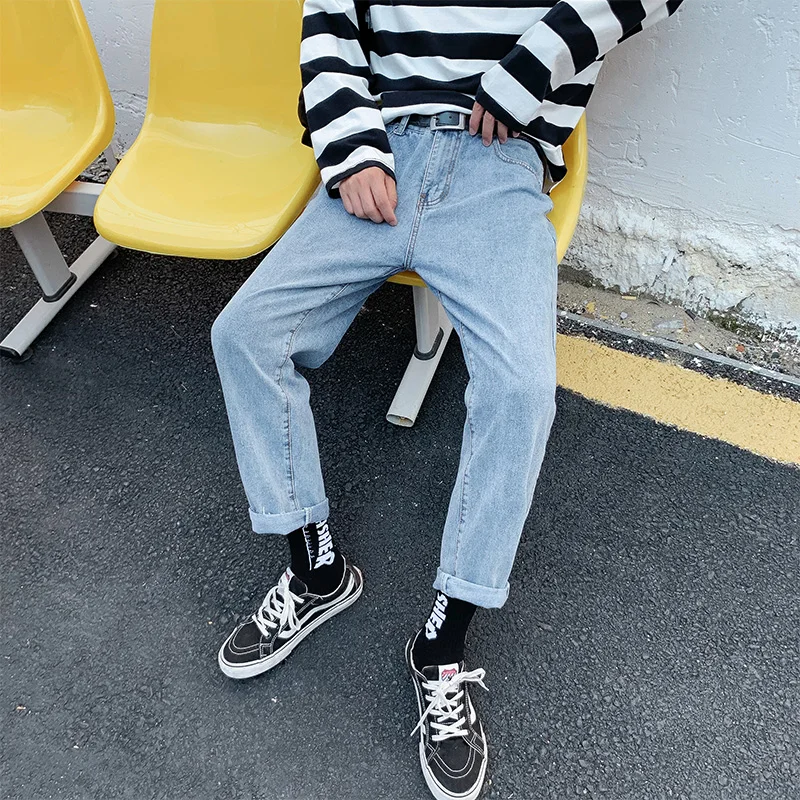 

Jeans Men Ankle-length Solid Denim Trousers Straight Plus Size 3XL Chic Vintage Student All-match Outwears Korean Style Leisure